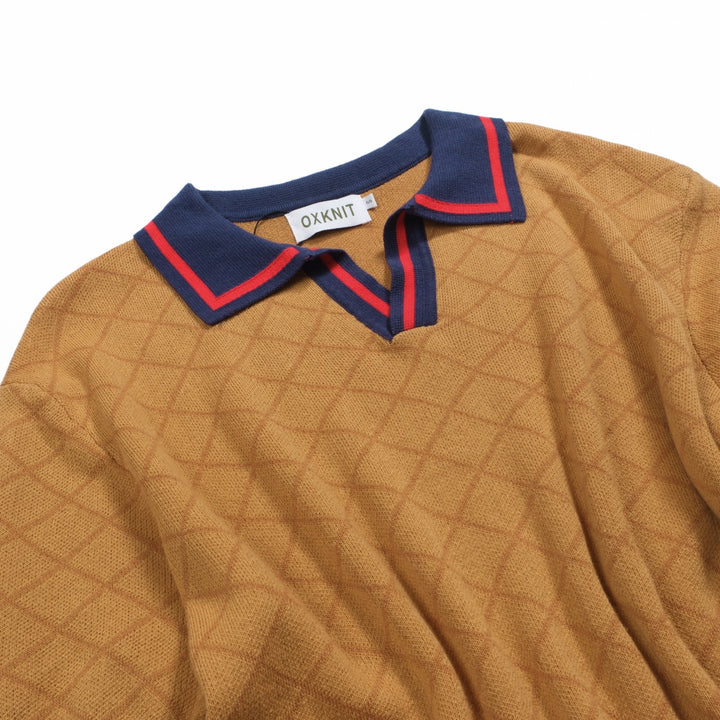 Men's khaki retro street jacquard V-neck polo shirt