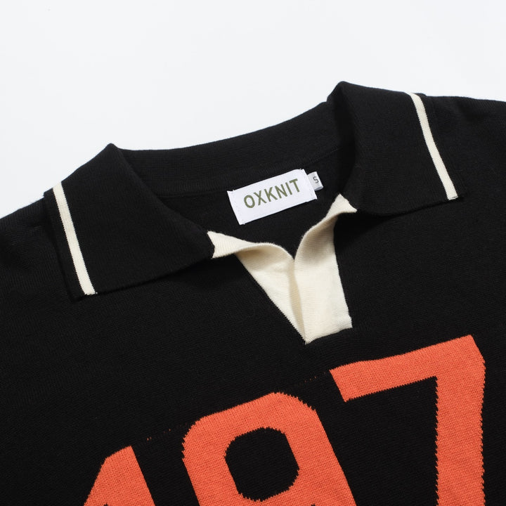 Men's black vintage 1974 jacquard V-neck polo shirt