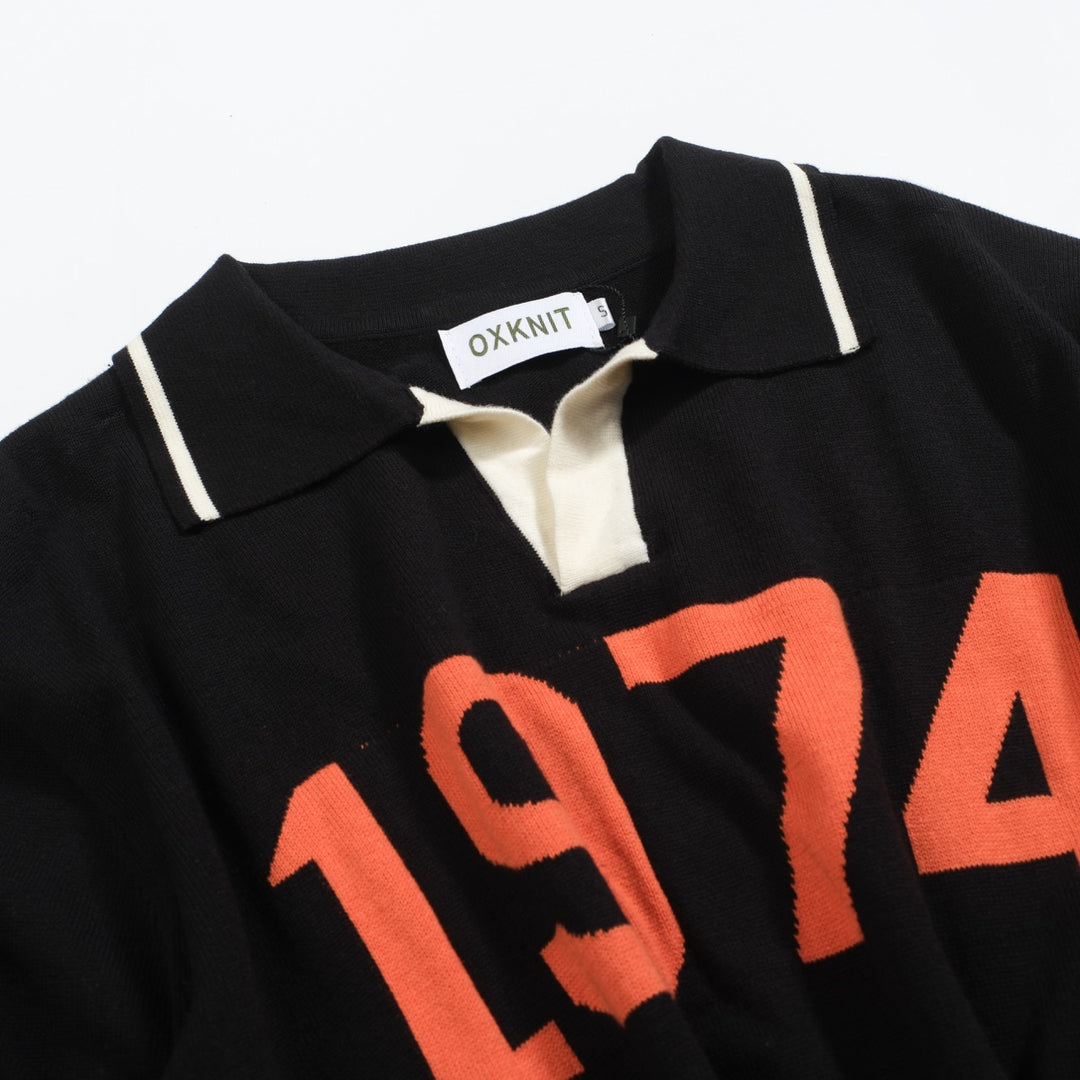 Men's black vintage 1974 jacquard V-neck polo shirt