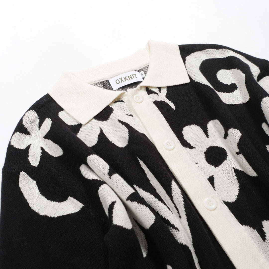 Men's black vintage floral jacquard street knit cardigan