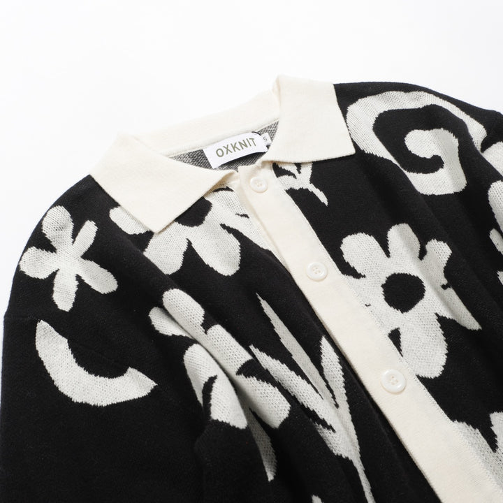 Men's black vintage floral jacquard street knit cardigan