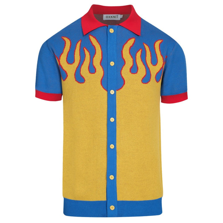 Men's blue flame retro jacquard knit shirt