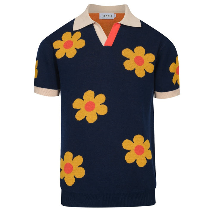 Men's blue flowered vintage jacquard V-neck knitted shirt