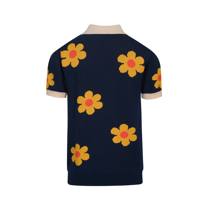 Men's blue flowered vintage jacquard V-neck knitted shirt