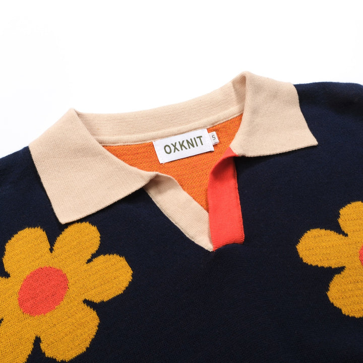 Men's blue flowered vintage jacquard V-neck knitted shirt