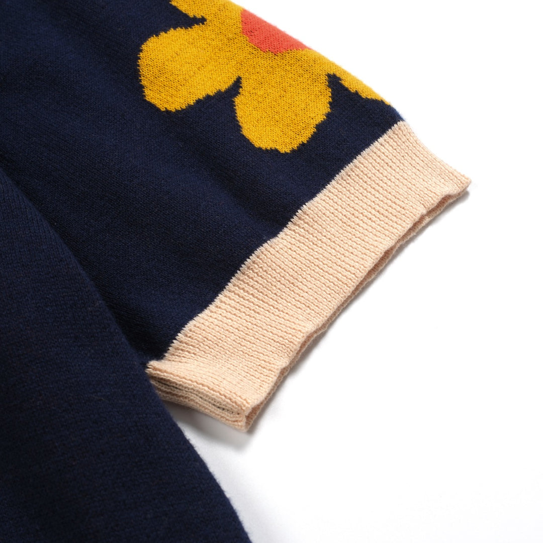 Men's blue flowered vintage jacquard V-neck knitted shirt