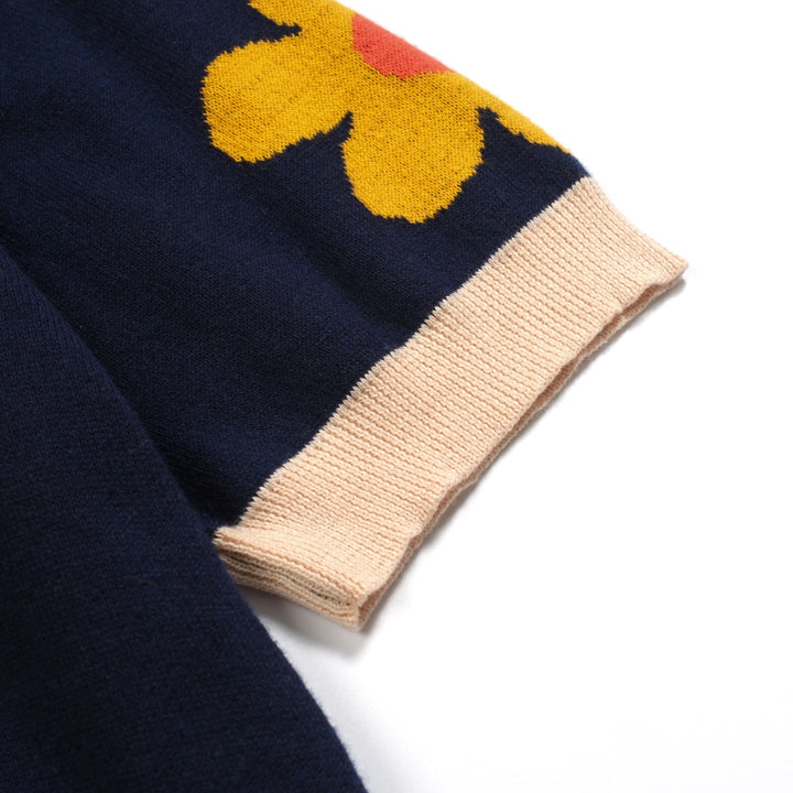 Men's blue flowered vintage jacquard V-neck knitted shirt