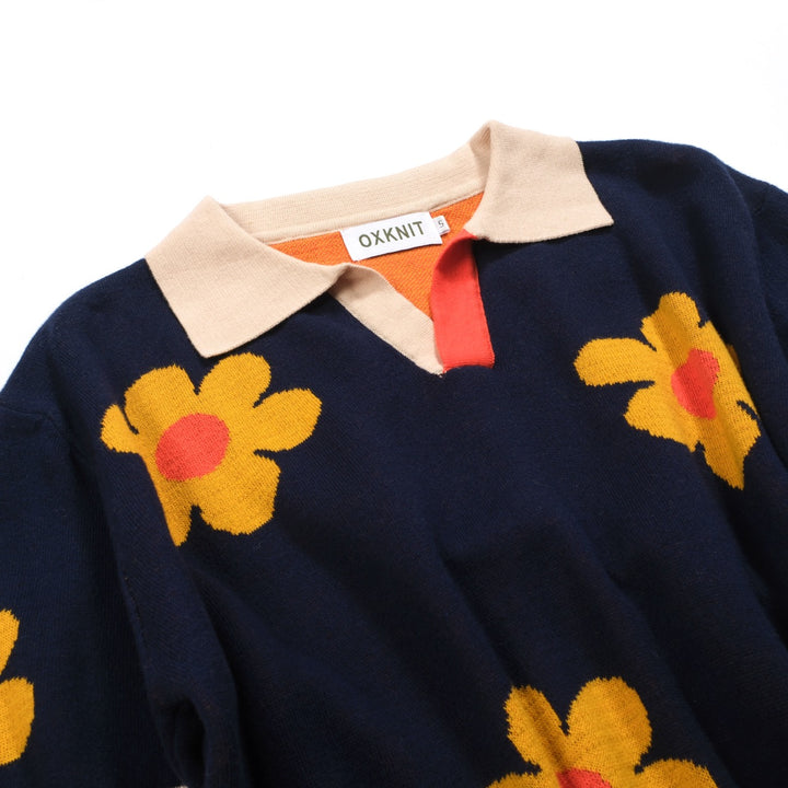 Men's blue flowered vintage jacquard V-neck knitted shirt