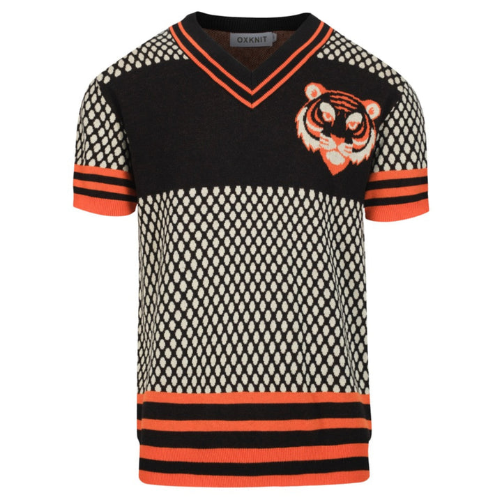 Retro jacquard gebreid T-shirt voor heren met V-hals