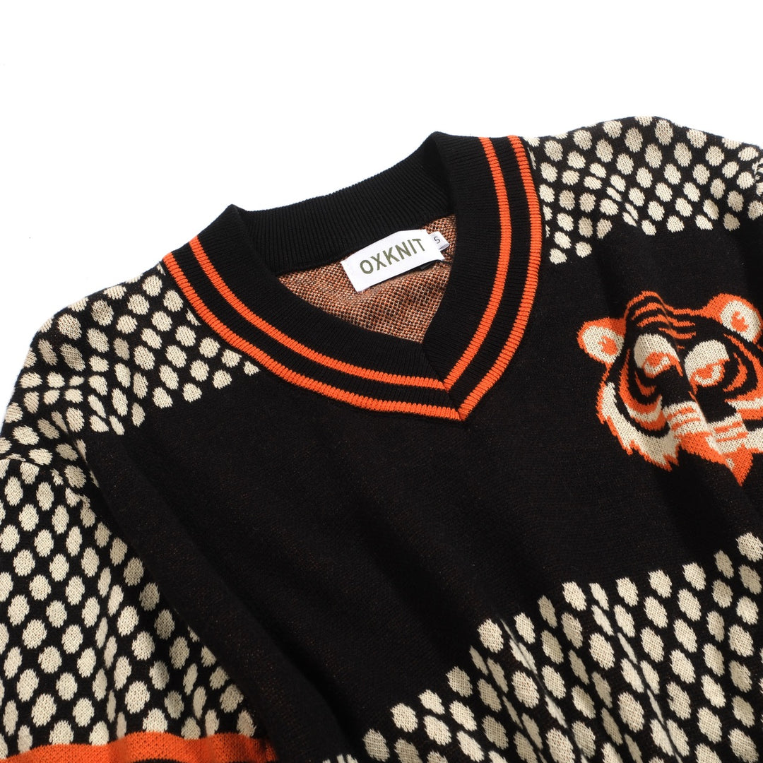 Retro jacquard gebreid T-shirt voor heren met V-hals