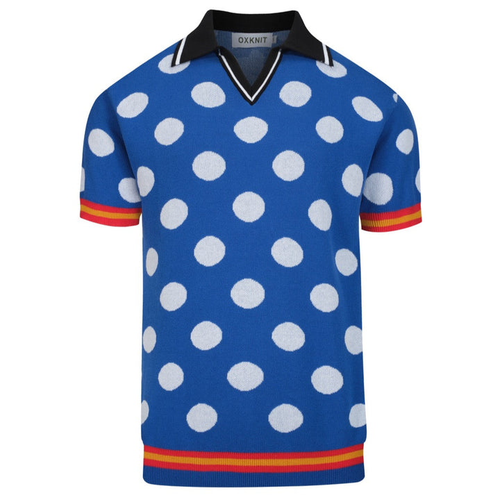 Men's blue polka dot retro jacquard V-neck polo shirt