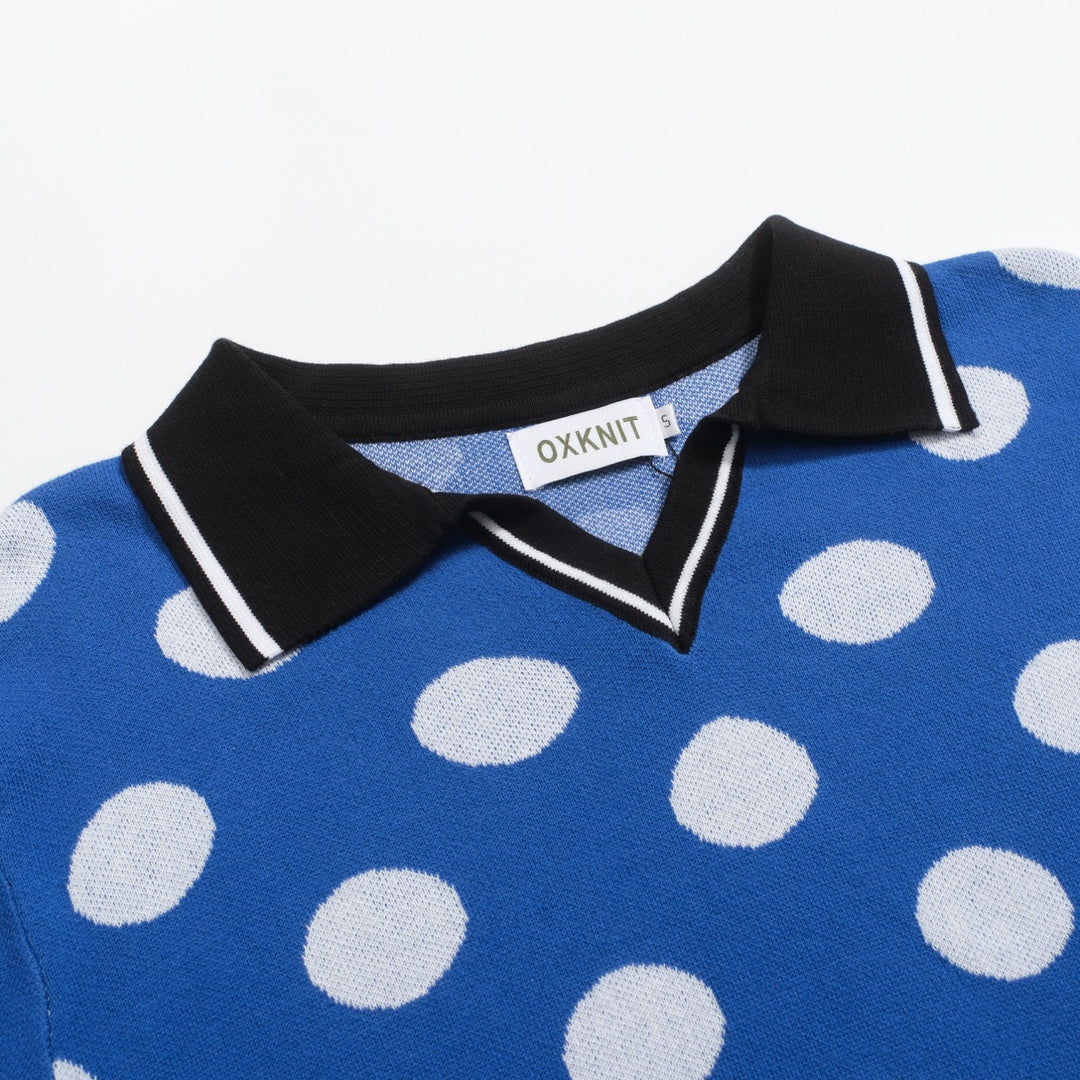 Men's blue polka dot retro jacquard V-neck polo shirt