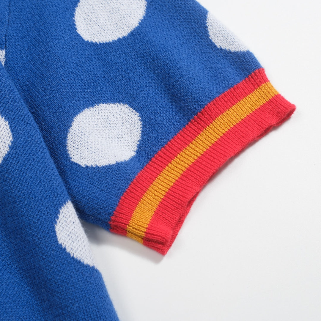 Men's blue polka dot retro jacquard V-neck polo shirt