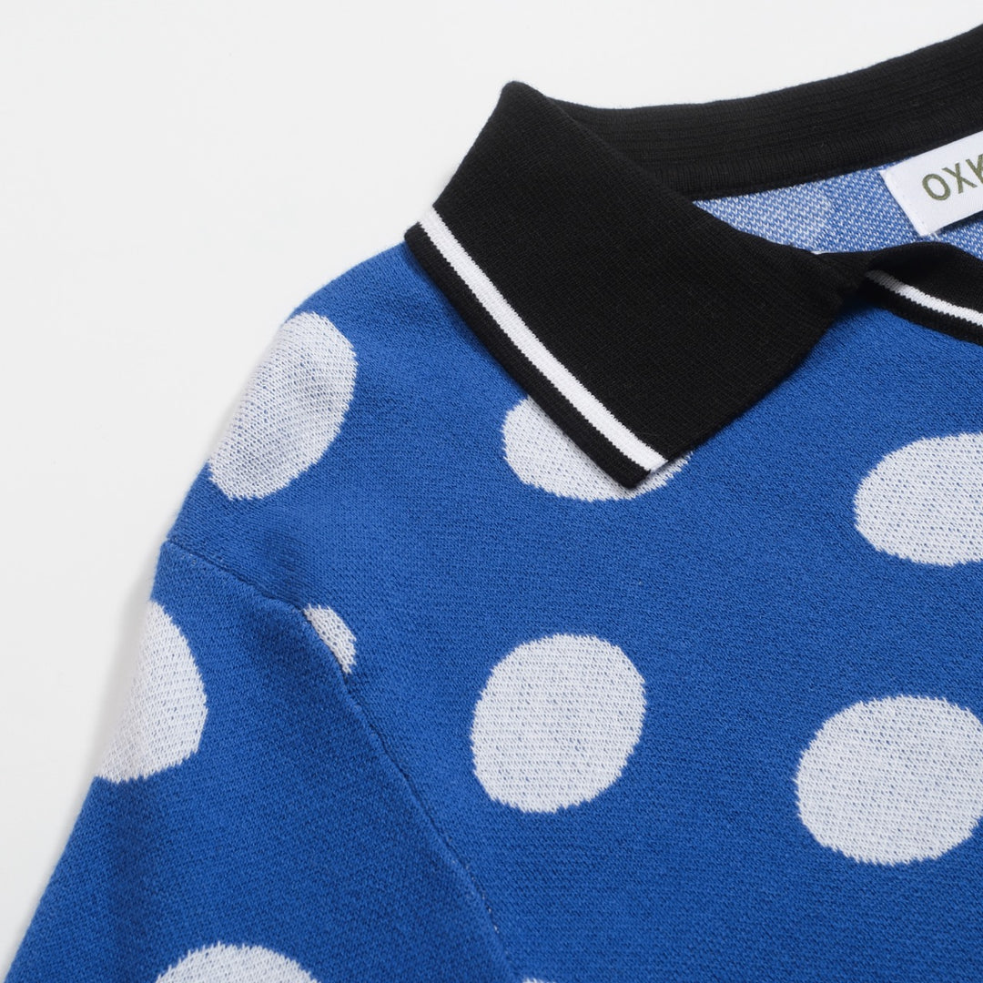 Men's blue polka dot retro jacquard V-neck polo shirt