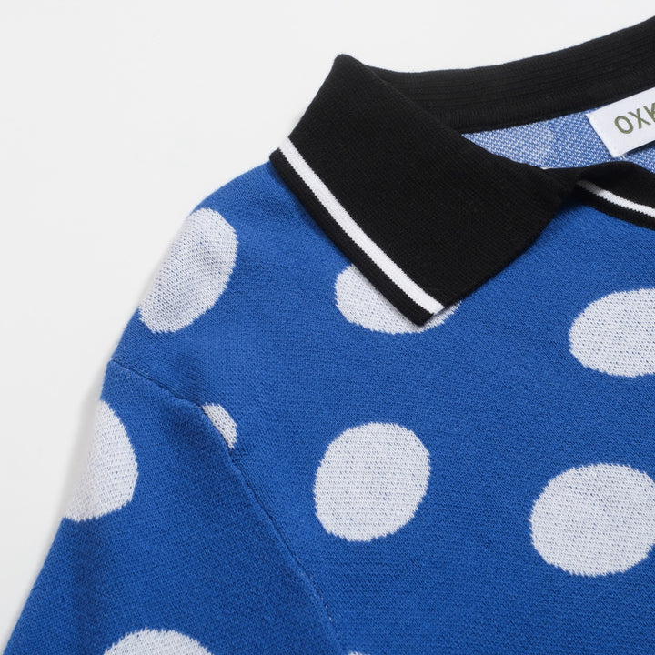 Men's blue polka dot retro jacquard V-neck polo shirt