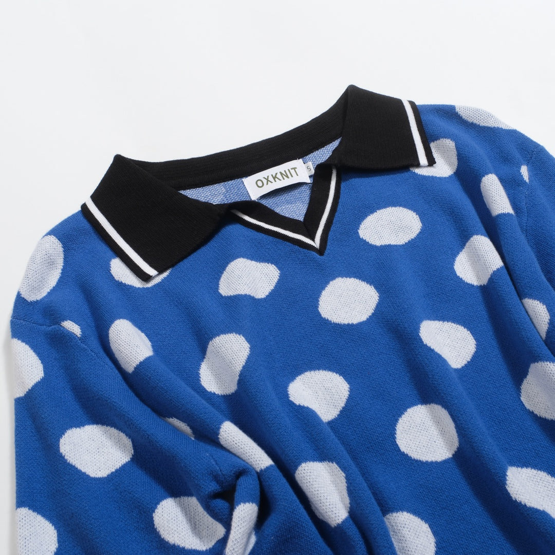 Men's blue polka dot retro jacquard V-neck polo shirt