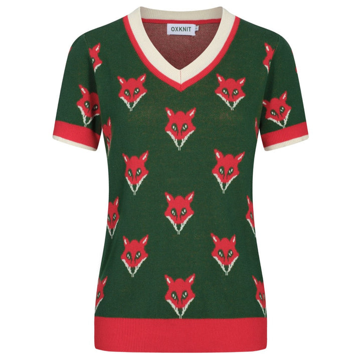 T-shirt de malha de decote em V Gross Dark Green Fox Jacquard Jacquard
