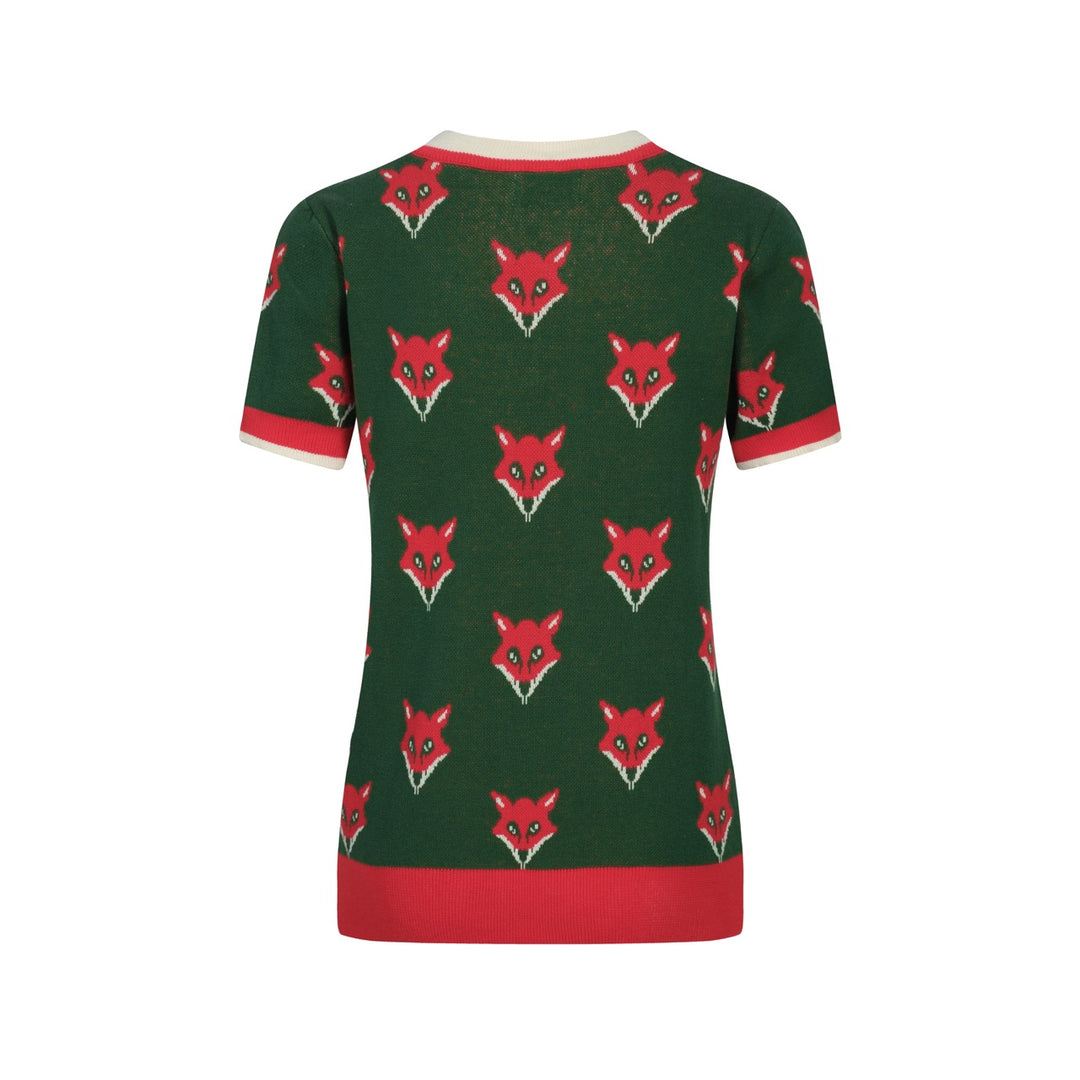T-shirt de malha de decote em V Gross Dark Green Fox Jacquard Jacquard