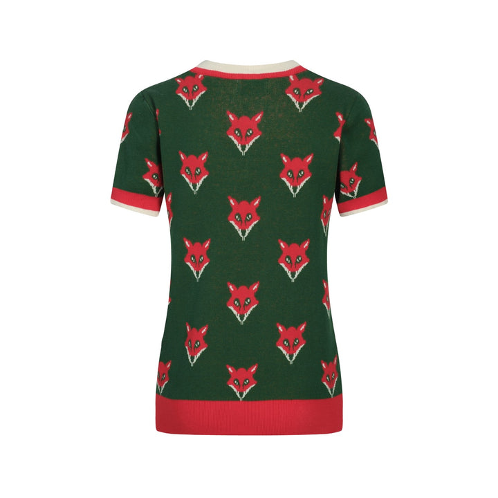 T-shirt de malha de decote em V Gross Dark Green Fox Jacquard Jacquard