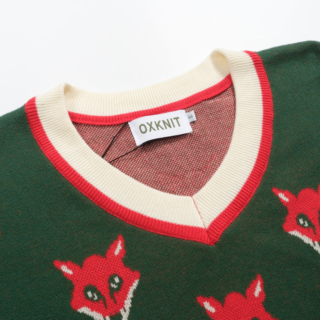 T-shirt de malha de decote em V Gross Dark Green Fox Jacquard Jacquard