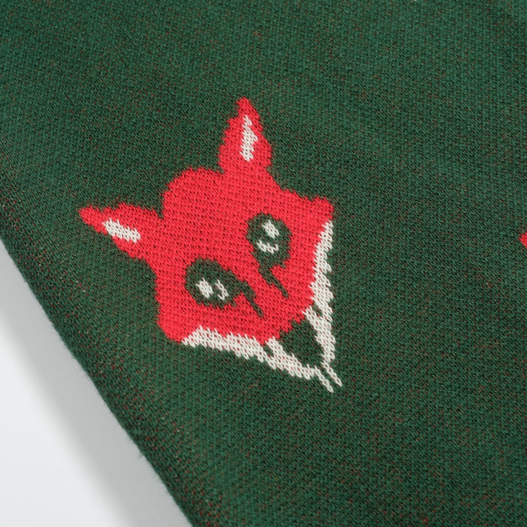 T-shirt de malha de decote em V Gross Dark Green Fox Jacquard Jacquard