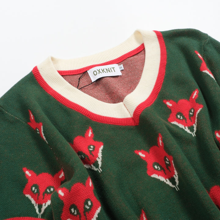 T-shirt de malha de decote em V Gross Dark Green Fox Jacquard Jacquard