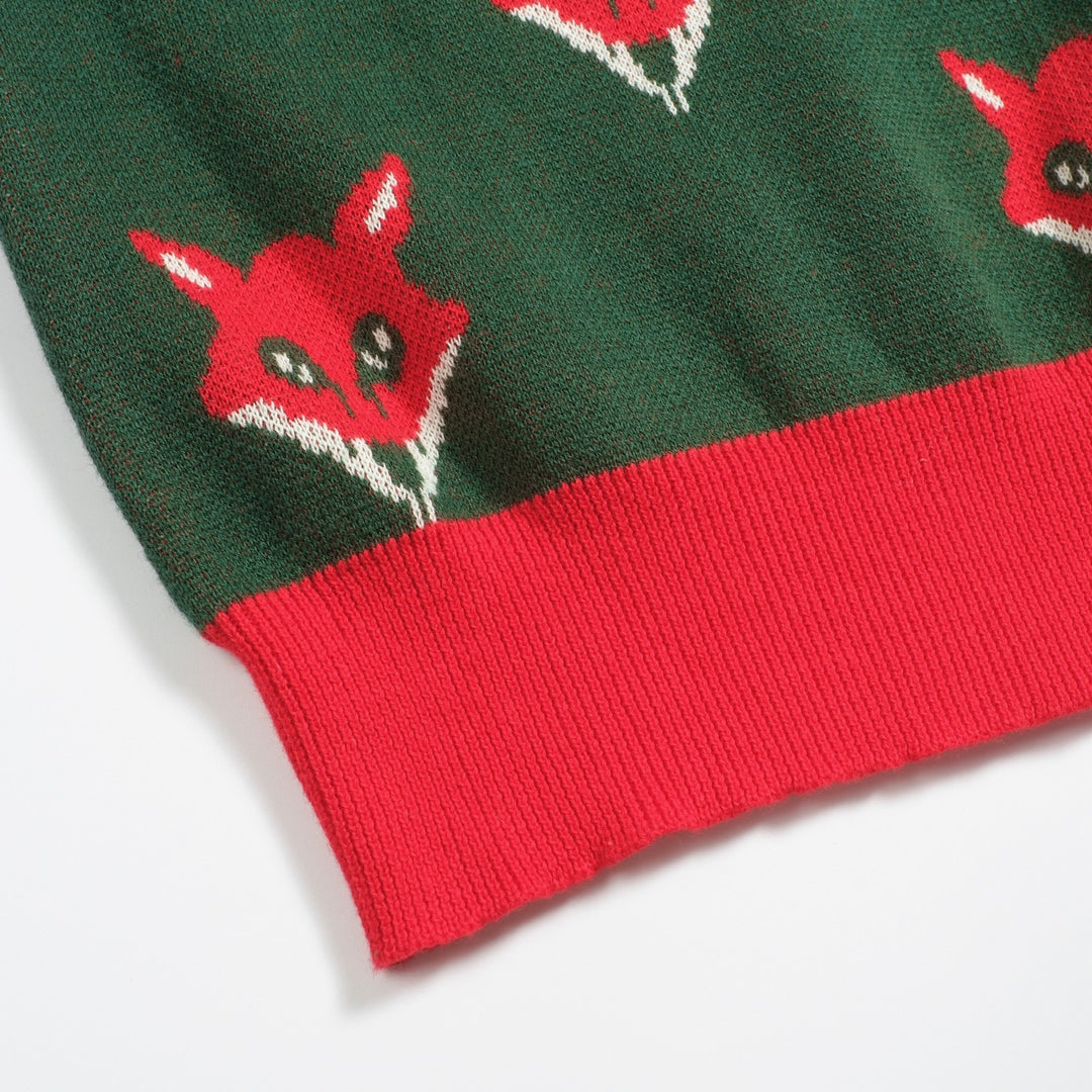 T-shirt de malha de decote em V Gross Dark Green Fox Jacquard Jacquard