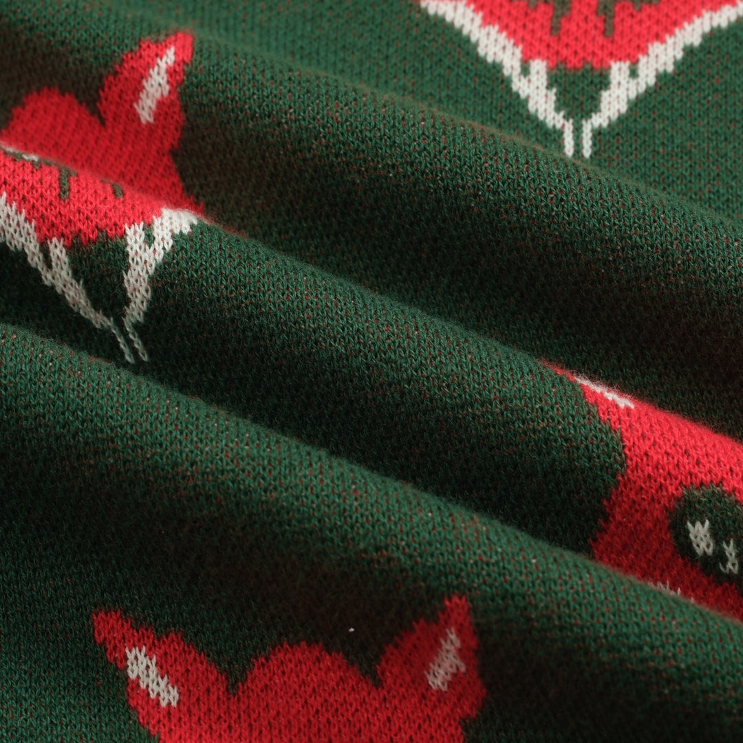 T-shirt de malha de decote em V Gross Dark Green Fox Jacquard Jacquard