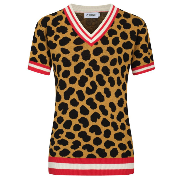 Camiseta de tejido de cuello en V de estampado de leopardo marrón femenino