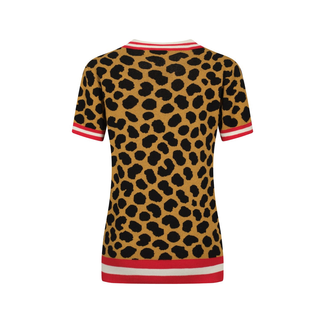Camiseta de tejido de cuello en V de estampado de leopardo marrón femenino