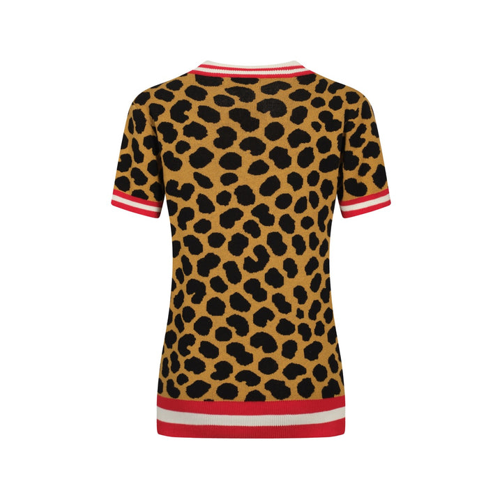 Camiseta de tejido de cuello en V de estampado de leopardo marrón femenino