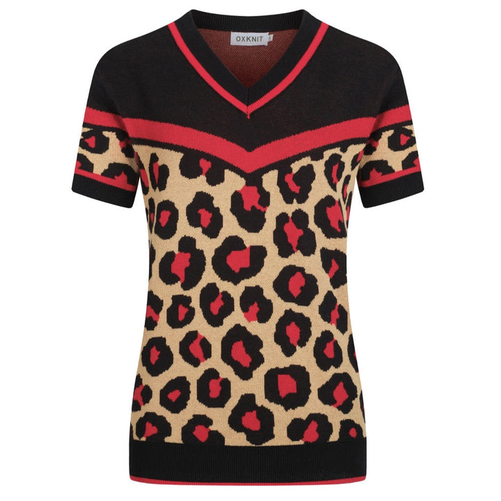 Women's black leopard print vintage V-neck knit T-shirt