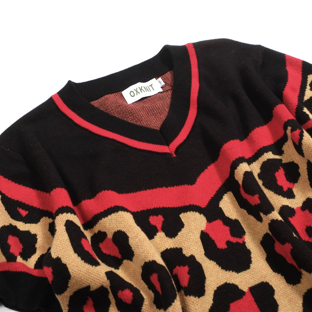 Women's black leopard print vintage V-neck knit T-shirt