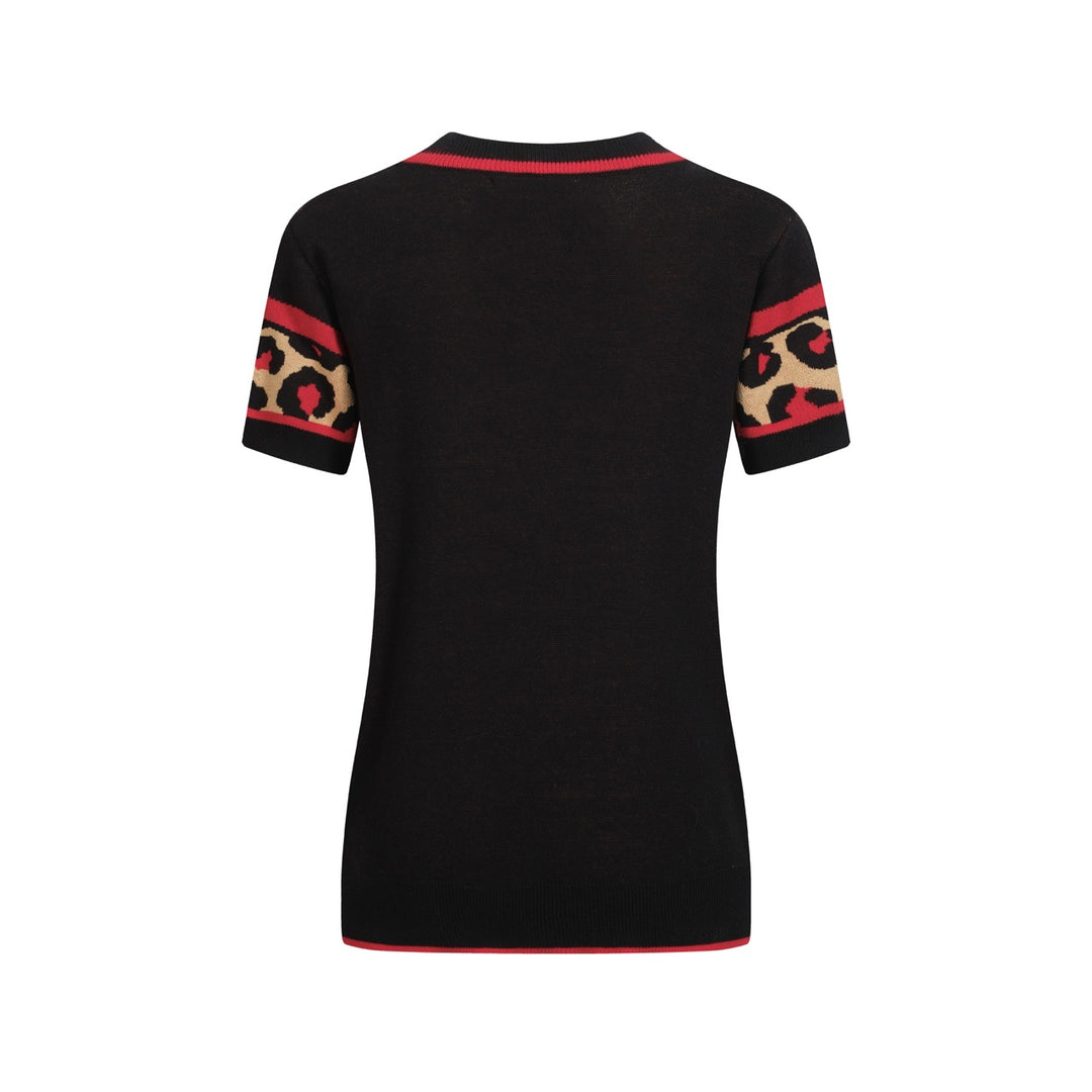 Women's black leopard print vintage V-neck knit T-shirt