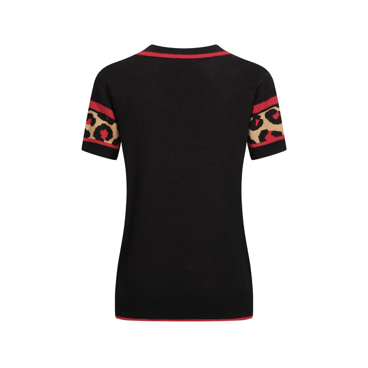 Women's black leopard print vintage V-neck knit T-shirt