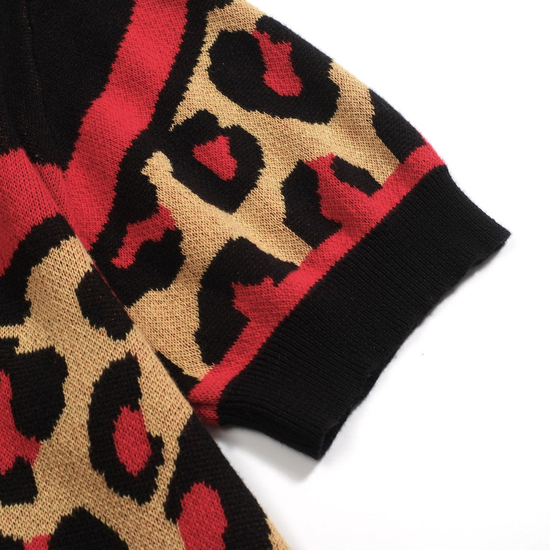 Women's black leopard print vintage V-neck knit T-shirt