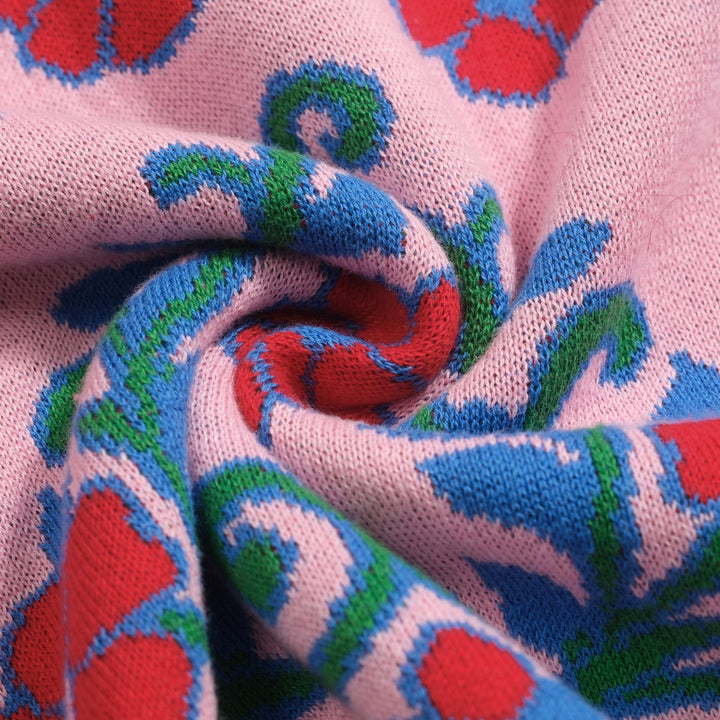 Rosafarbenes Vintage-Strick-T-Shirt mit Blumenmuster für Damen und V-Ausschnitt