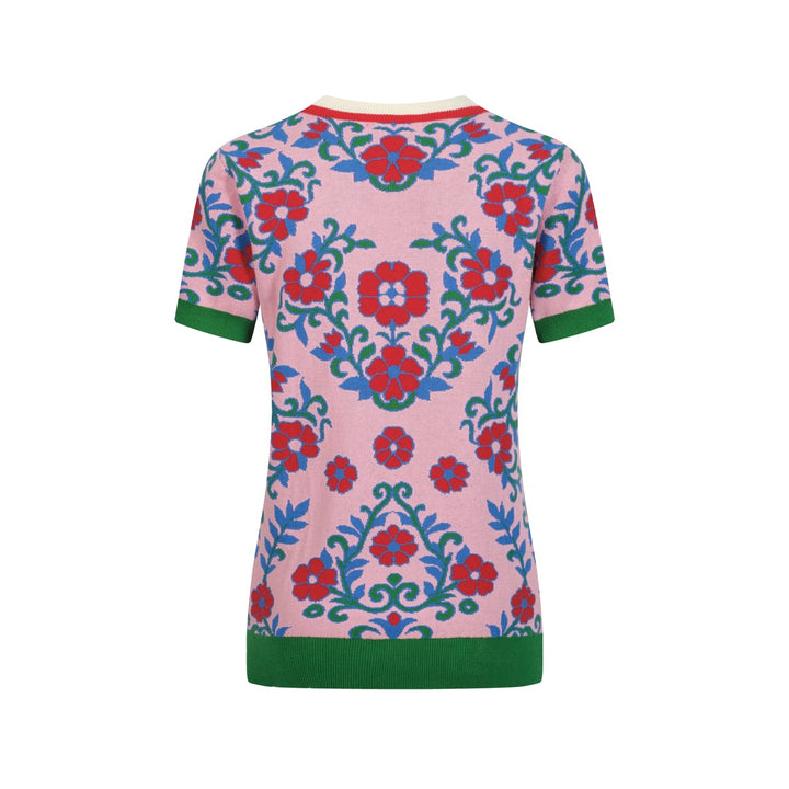 Rosafarbenes Vintage-Strick-T-Shirt mit Blumenmuster für Damen und V-Ausschnitt