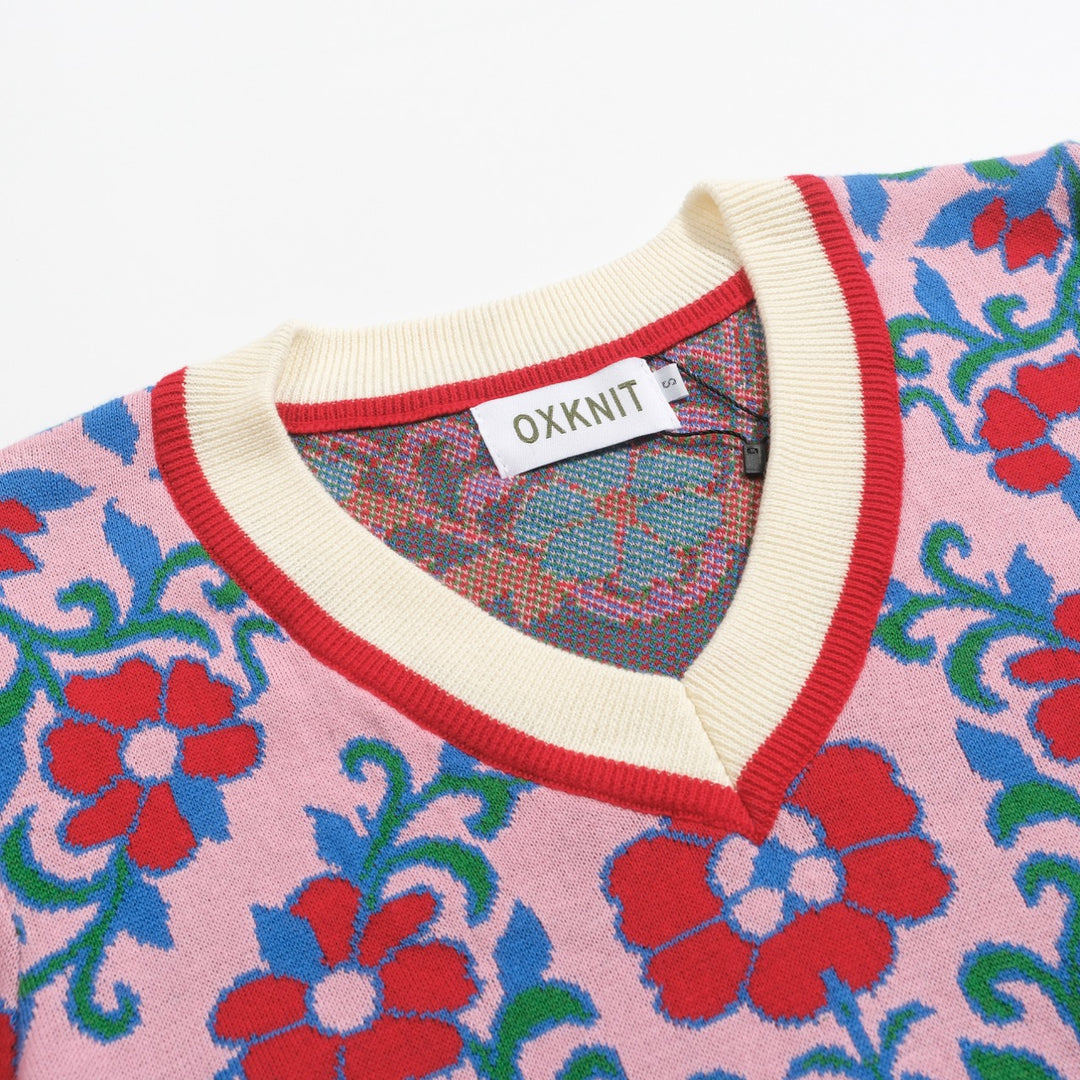 Rosafarbenes Vintage-Strick-T-Shirt mit Blumenmuster für Damen und V-Ausschnitt