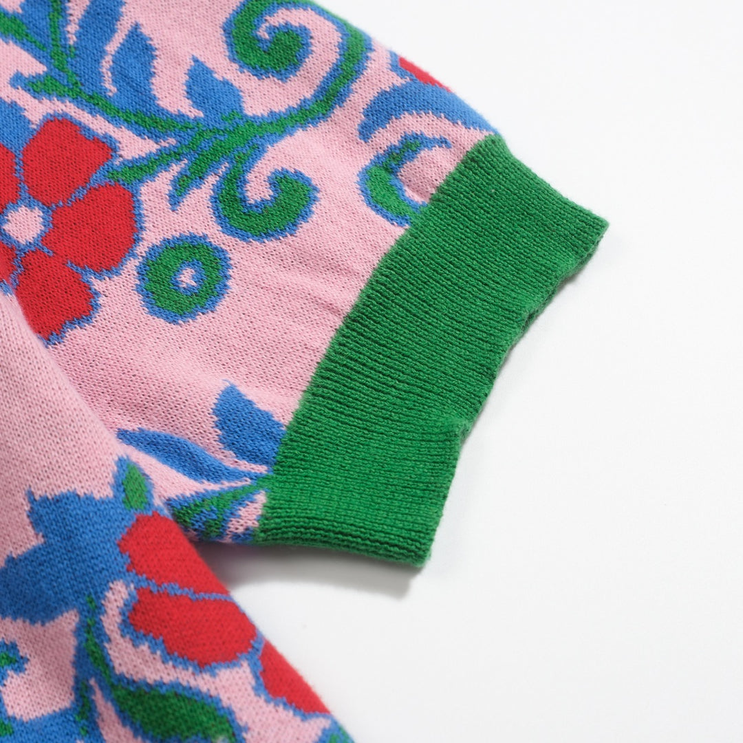 Rosafarbenes Vintage-Strick-T-Shirt mit Blumenmuster für Damen und V-Ausschnitt