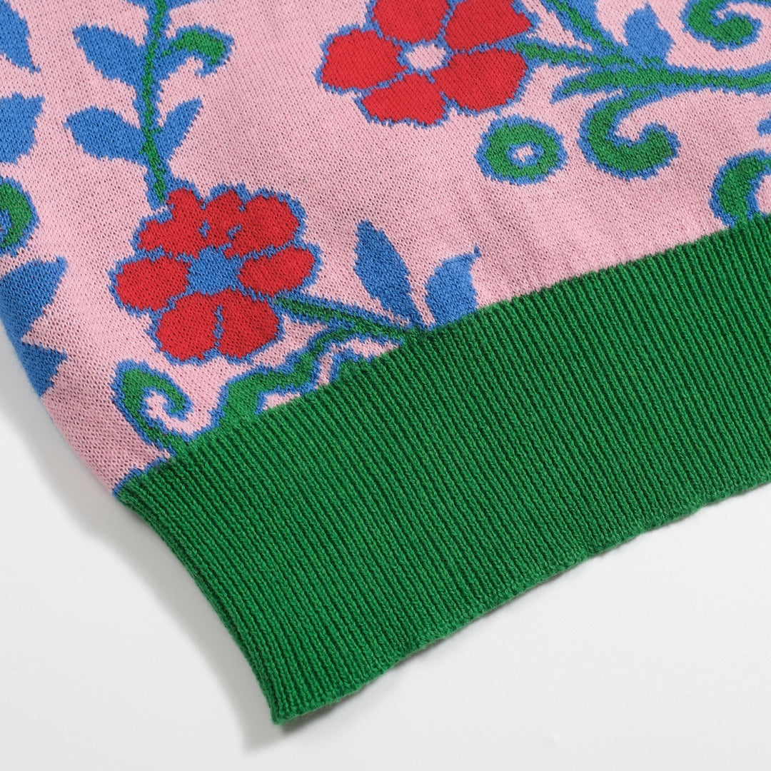 Rosafarbenes Vintage-Strick-T-Shirt mit Blumenmuster für Damen und V-Ausschnitt