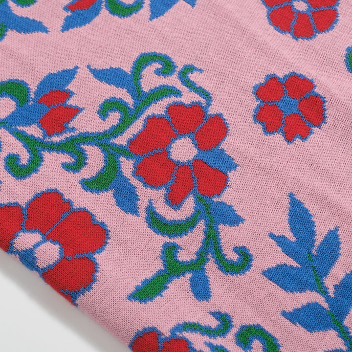 Rosafarbenes Vintage-Strick-T-Shirt mit Blumenmuster für Damen und V-Ausschnitt