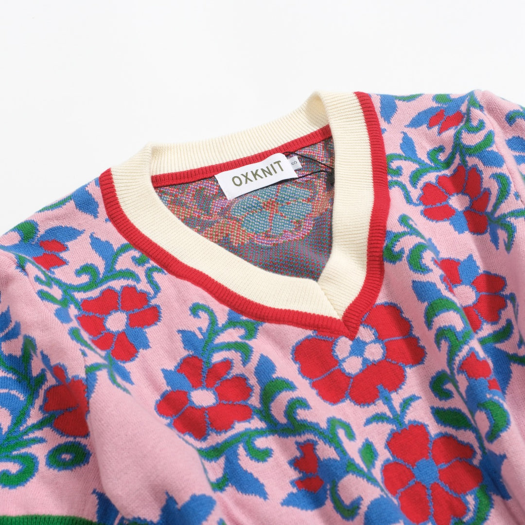 Rosafarbenes Vintage-Strick-T-Shirt mit Blumenmuster für Damen und V-Ausschnitt