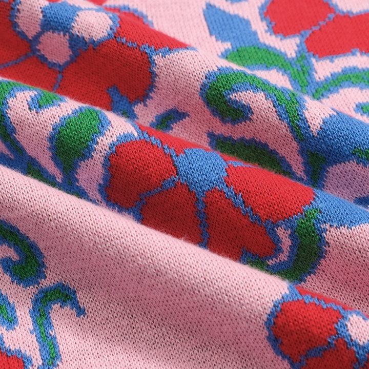 Rosafarbenes Vintage-Strick-T-Shirt mit Blumenmuster für Damen und V-Ausschnitt