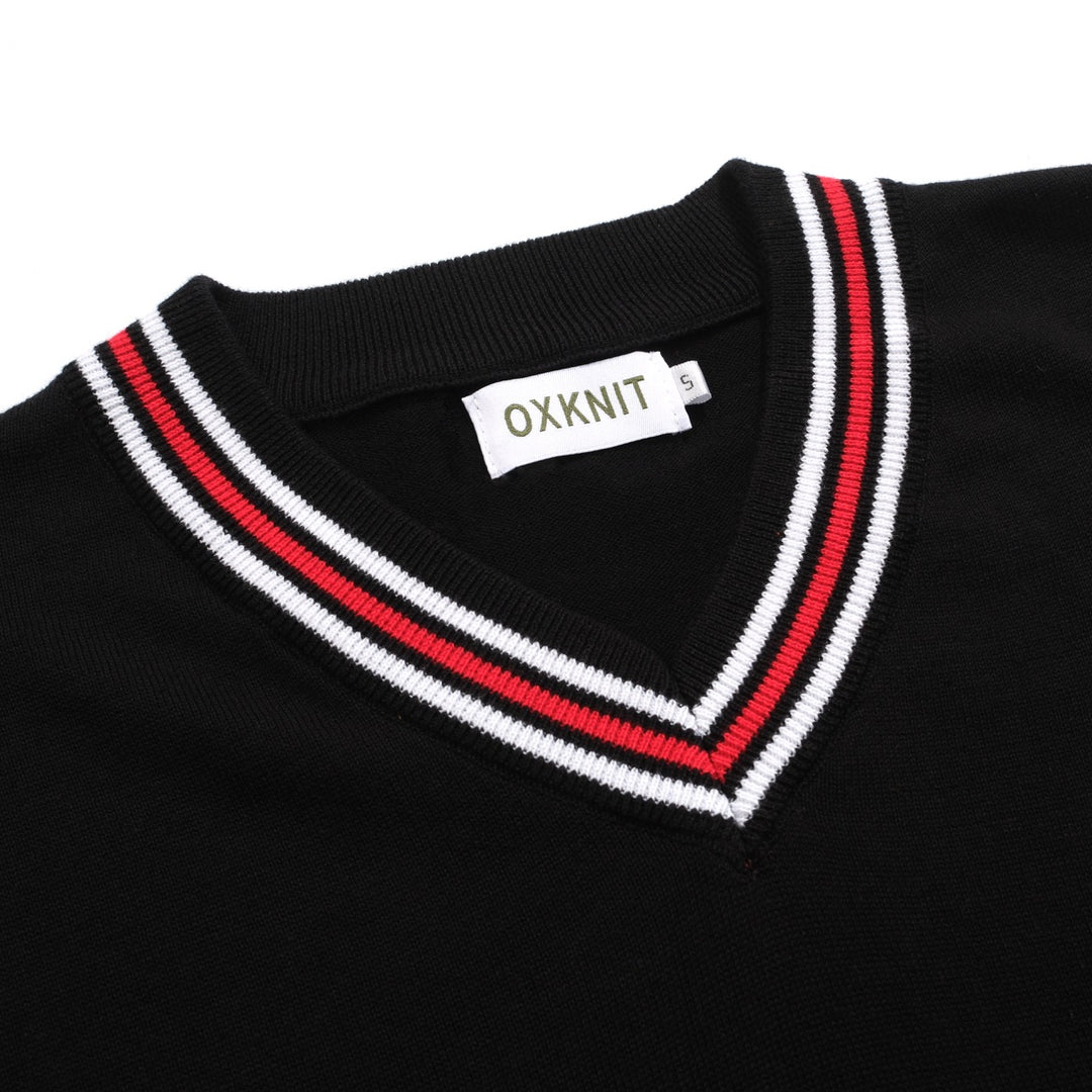 Camiseta de malha de decote em V Retro Black Retro