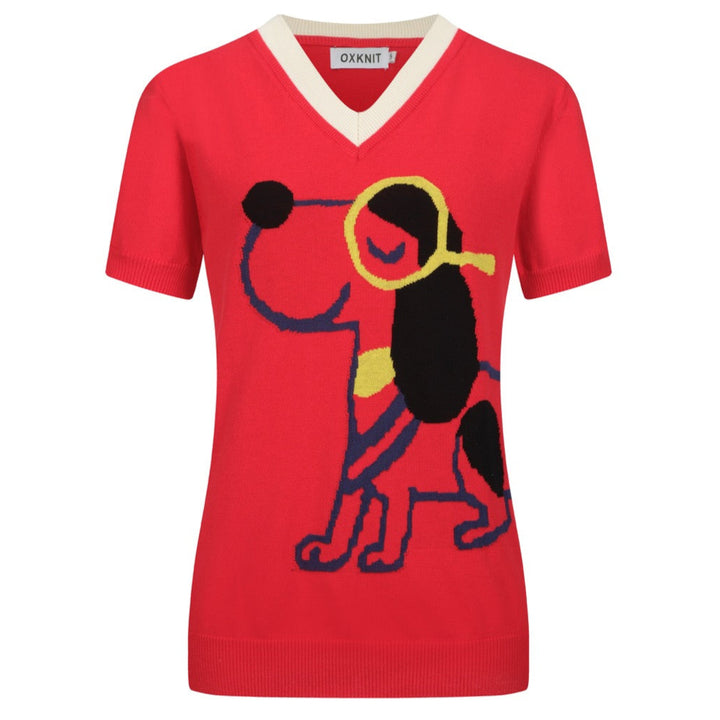 Women's red vintage jacquard V-neck knit T-shirt