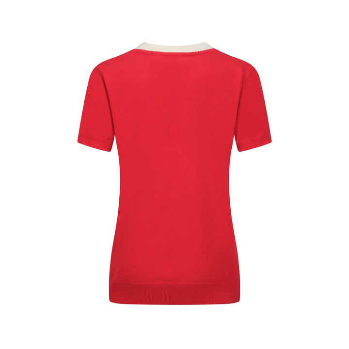 Women's red vintage jacquard V-neck knit T-shirt