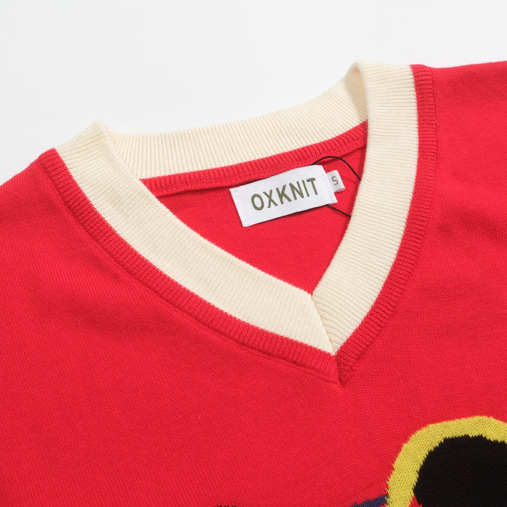 Women's red vintage jacquard V-neck knit T-shirt