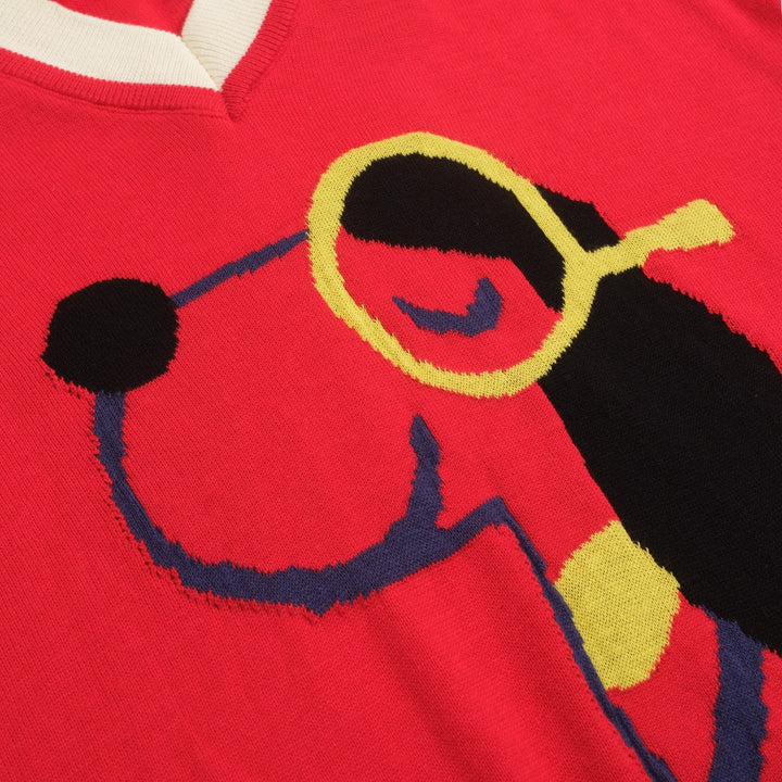 Women's red vintage jacquard V-neck knit T-shirt