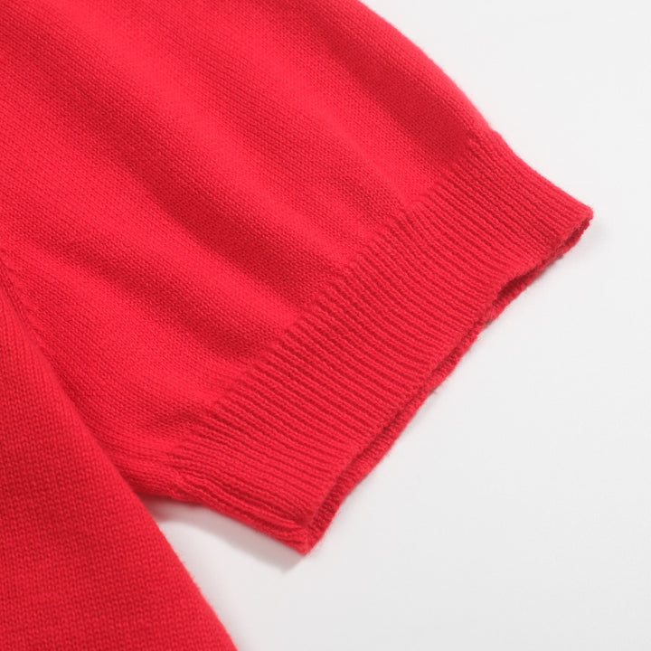 Women's red vintage jacquard V-neck knit T-shirt